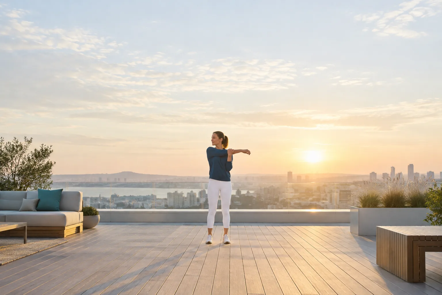 Woman stretching on a rooftop terrace at sunrise