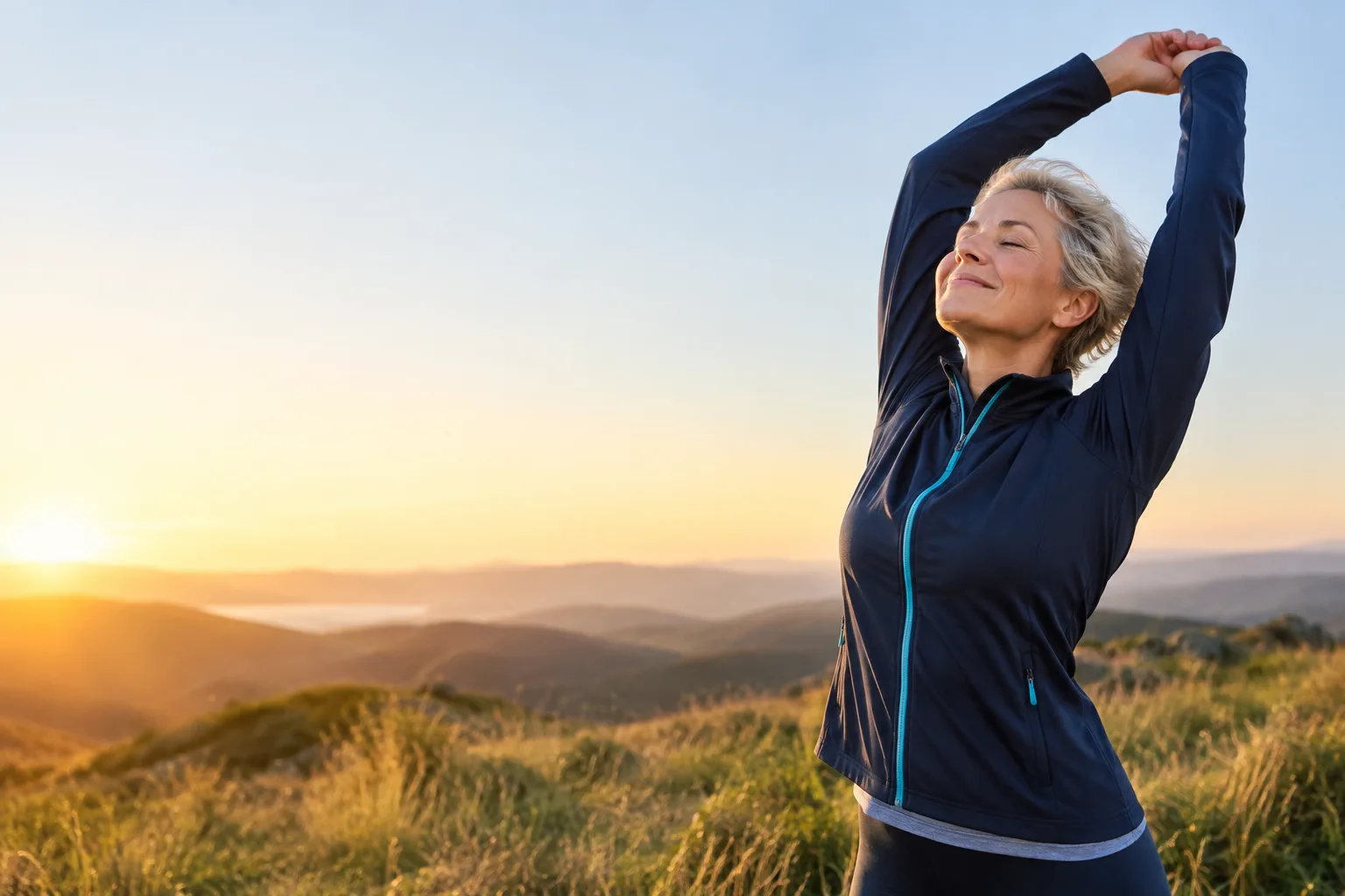 Woman stretching on a hilltop at sunrise
