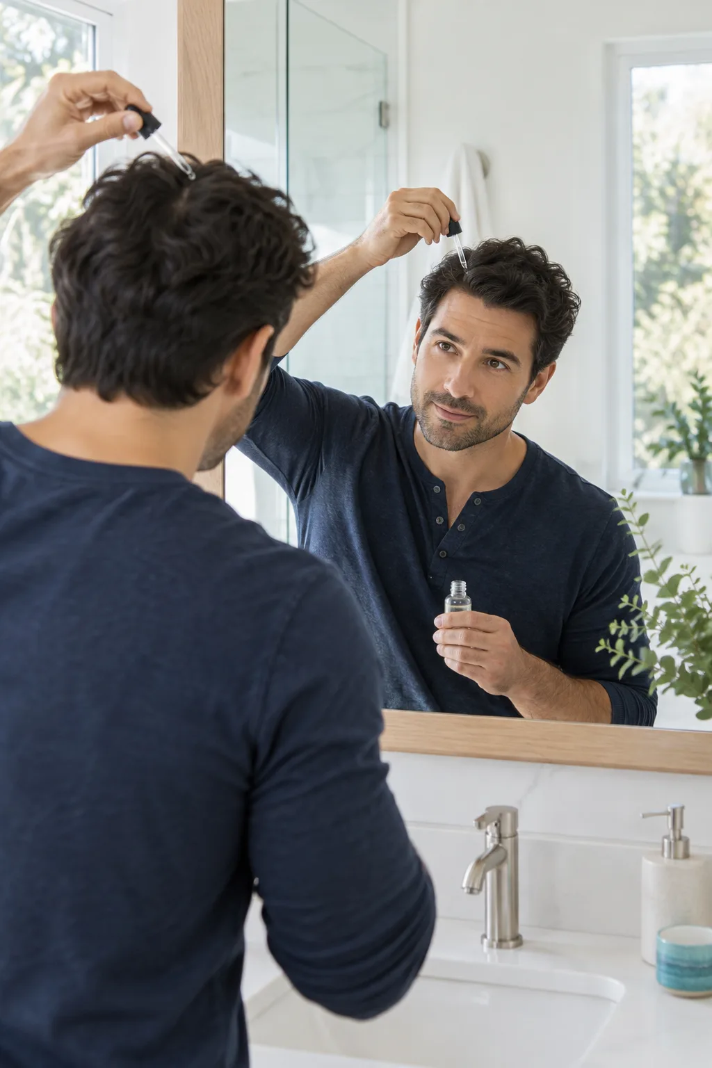 Man applying a scalp dropper at a bathroom mirror