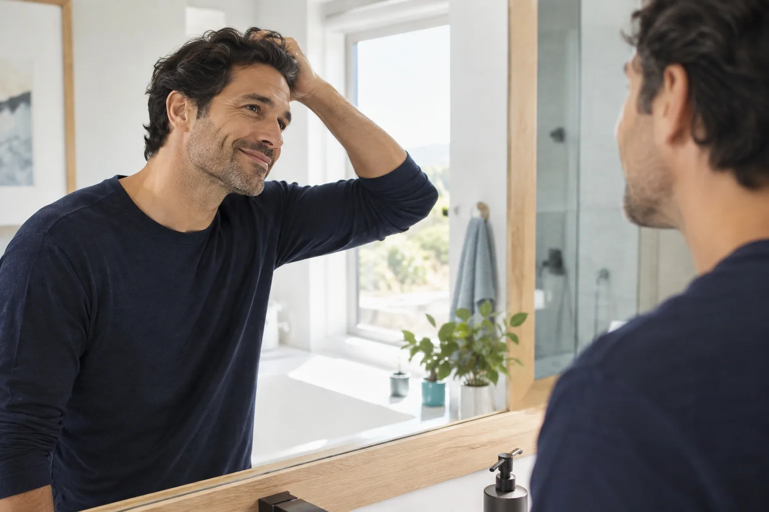 Man checking his hair in a bathroom mirror