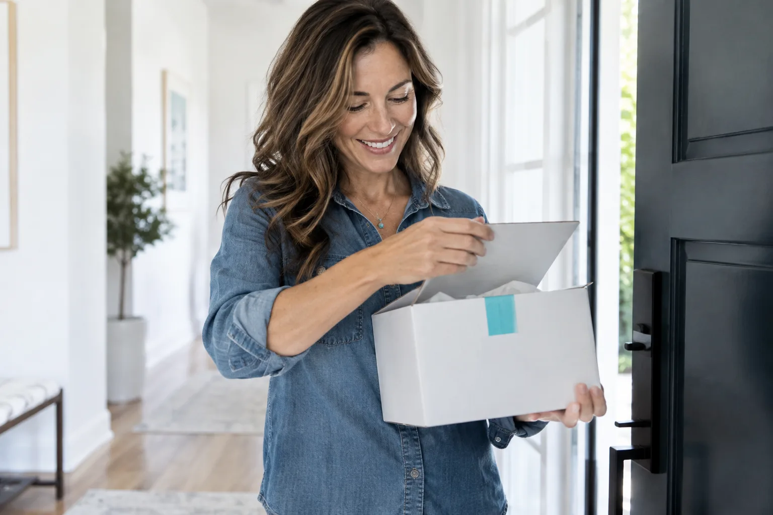 Woman opening a Viori Health delivery box at her door