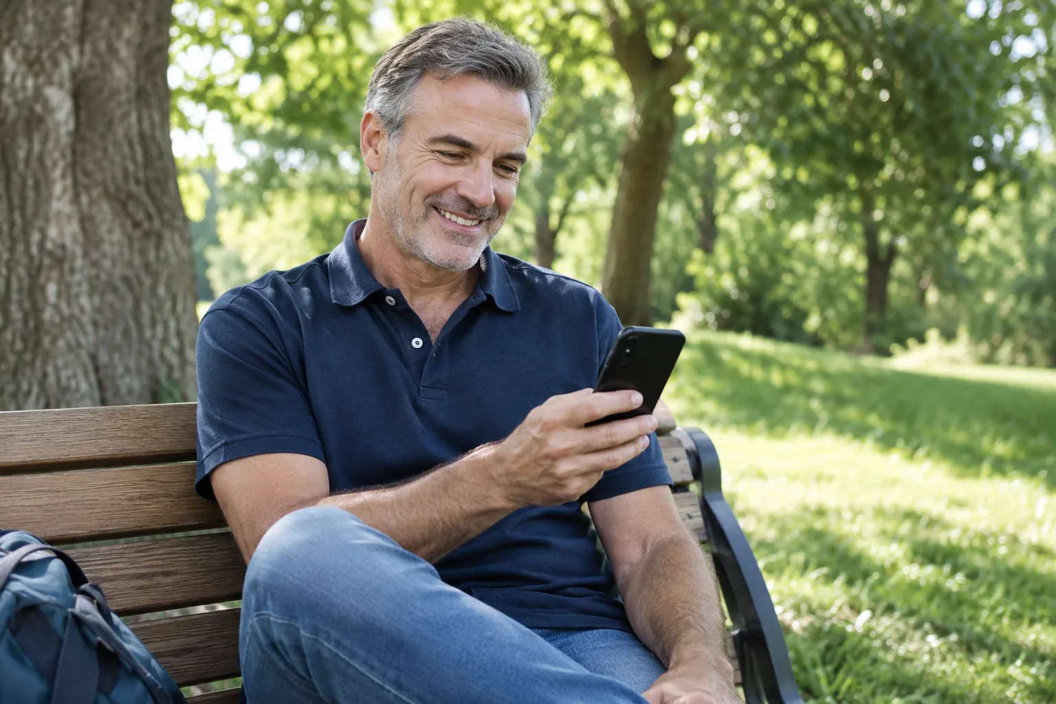 Man messaging his provider from a park bench