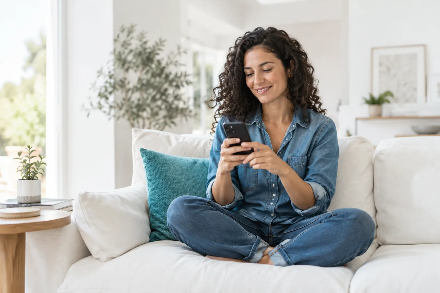 Woman completing the online intake on her phone at home